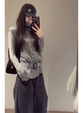 灰色高领套头麻花毛衣女秋冬宽松无袖针织衫叠穿马甲背心马夹上衣