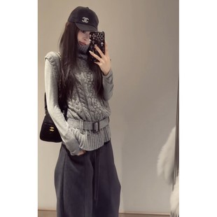灰色高领套头麻花毛衣女秋冬宽松无袖针织衫叠穿马甲背心马夹上衣