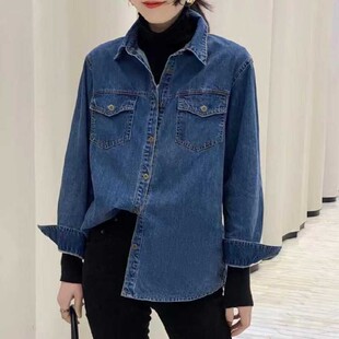 欧洲站长袖 女秋冬设计感小众复古显瘦百搭叠穿衬衣外套潮 牛仔衬衫