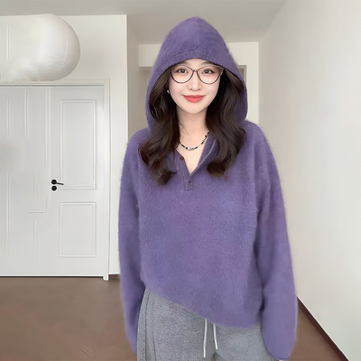 慵懒风软糯紫色连帽毛衣女
