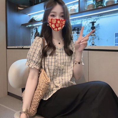 撞色格子木耳边衬衫女夏季