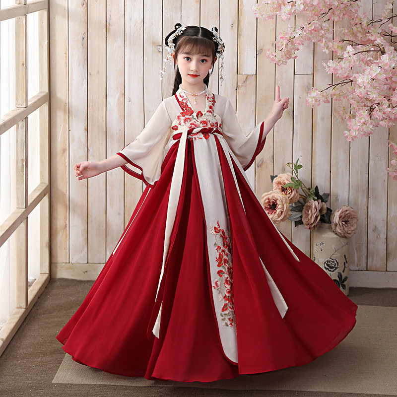 중국 스타일 소녀 HANFU 쉬폰 2022 하이 엔드 레드 슈퍼 요정 베이비 스커트 거즈 고대 스타일 드레스 여름