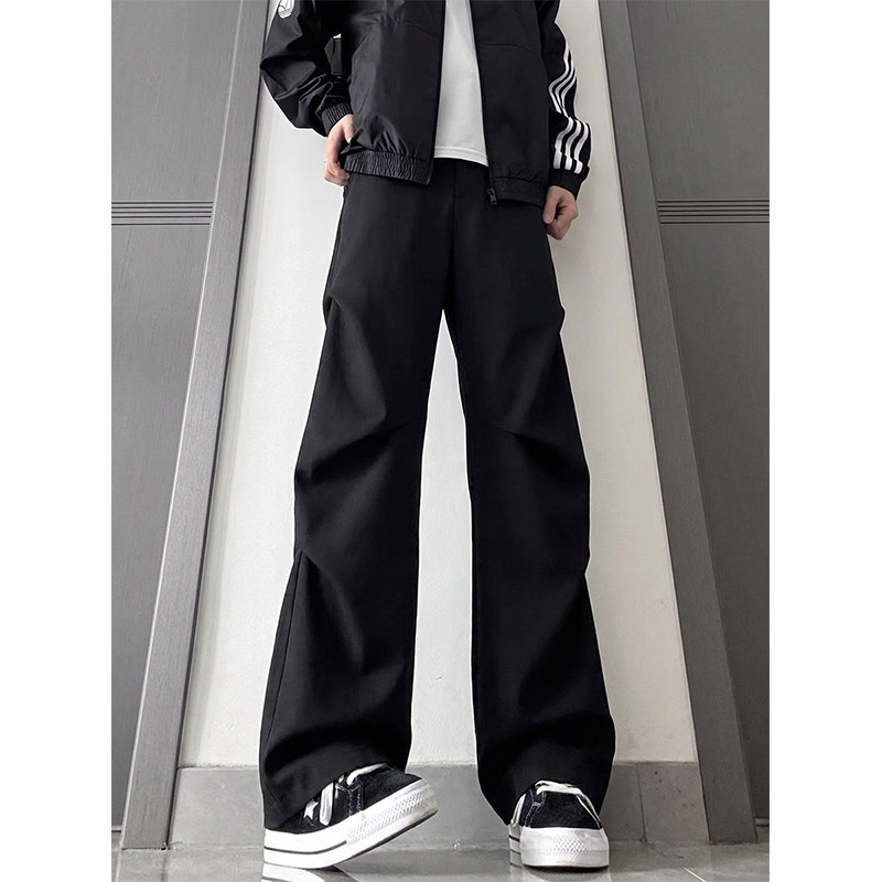 褶皱拖地微喇休闲裤春秋季宽松垂感黑色西裤潮男伞兵直筒裤子男士