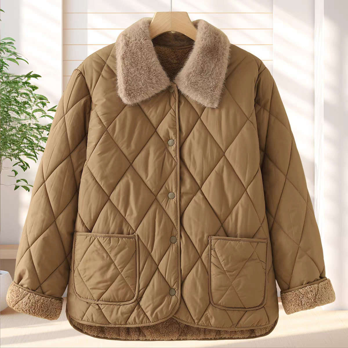 2025冬季欧美新款女式棉衣中长款大毛领棉袄棉服棉袄外套