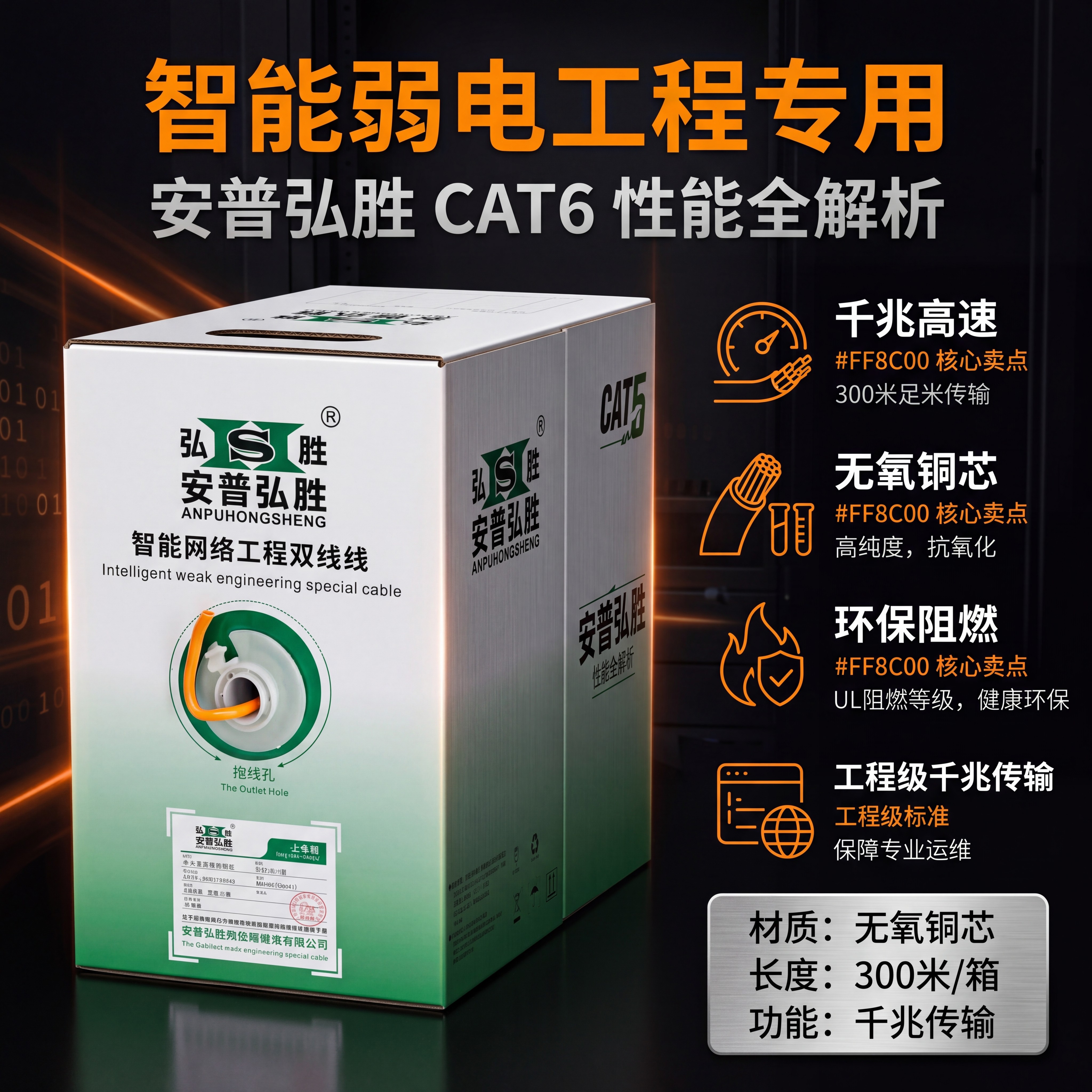 千兆无氧铜超六类非屏蔽0.57网线家用室内工程高速8芯POE供电网线