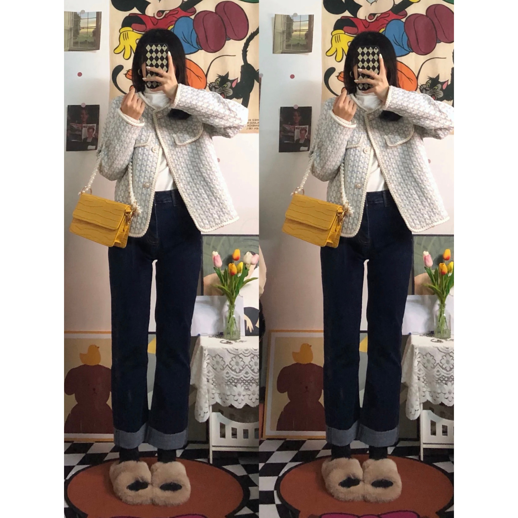 小香风千鸟格外套女秋冬季法式气质小个子百搭短款西装粗花呢上衣