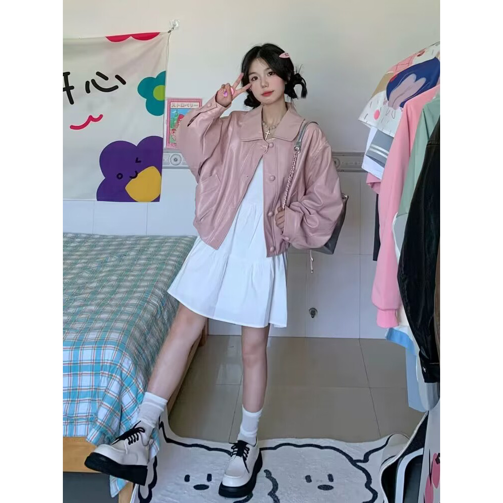 粉色短款皮衣外套女2025秋冬新款翻领落肩袖宽松复古美式夹克上衣