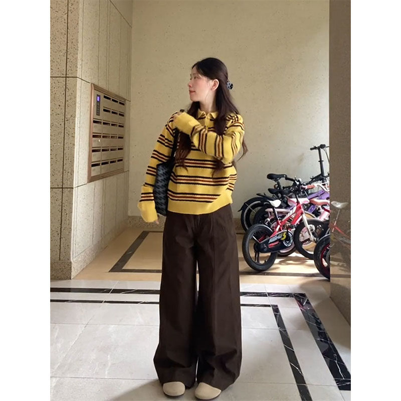 法式复古撞色polo领条纹针织衫毛衣女2026秋冬新款阔腿休闲裤套装,女装/女士精品,时尚套装,淘宝优惠券,粉丝福利购,淘宝优惠卷