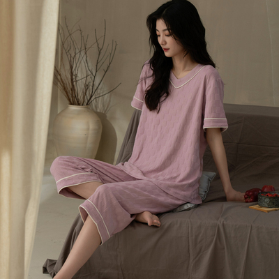 女纯棉套装含条贴条睡衣套装纯色