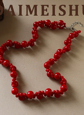 新年复古简约百搭手工编织红色琉璃项链轻奢高级感时尚气质锁骨链