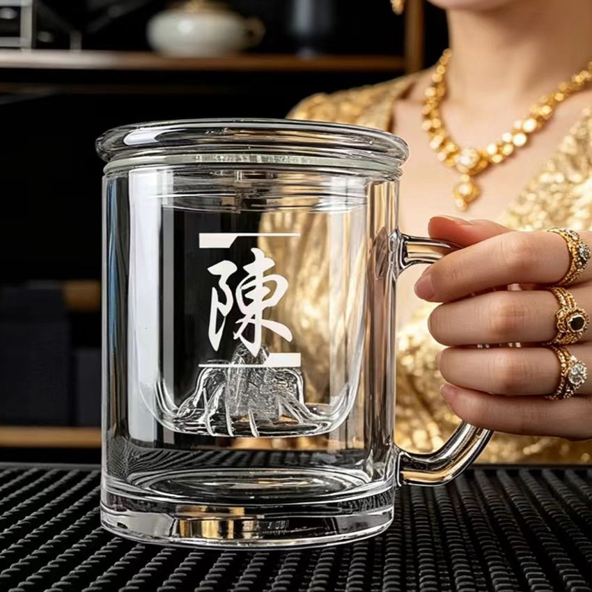百家姓茶水分离泡茶杯耐热玻璃扎带把手耐热绿花茶带把杯定制logo