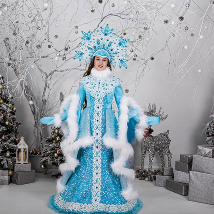 冰雪女王风格华丽演出服蓝色雪花亮片毛绒绒装饰舞台装冬季巡游