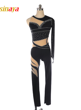 福诺花样滑冰服溜冰服考斯腾长袖连体表演儿童成人黑色连体衣烫钻