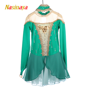 福诺儿童成人花样滑冰服女童表演比赛考级裙子孔雀绿浅蓝金色花边