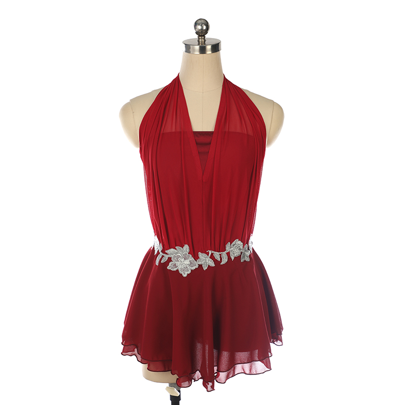 福诺花样滑冰服溜冰服表演服无袖纯色银色加花朵