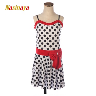 福诺定制儿童成人花样滑冰服女童表演比赛考级裙黑白波点红蝴蝶结