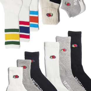 任满6件 日单鲜果秋冬毛巾底Cityboy纯白复古竖条纹中帮棉袜 包邮