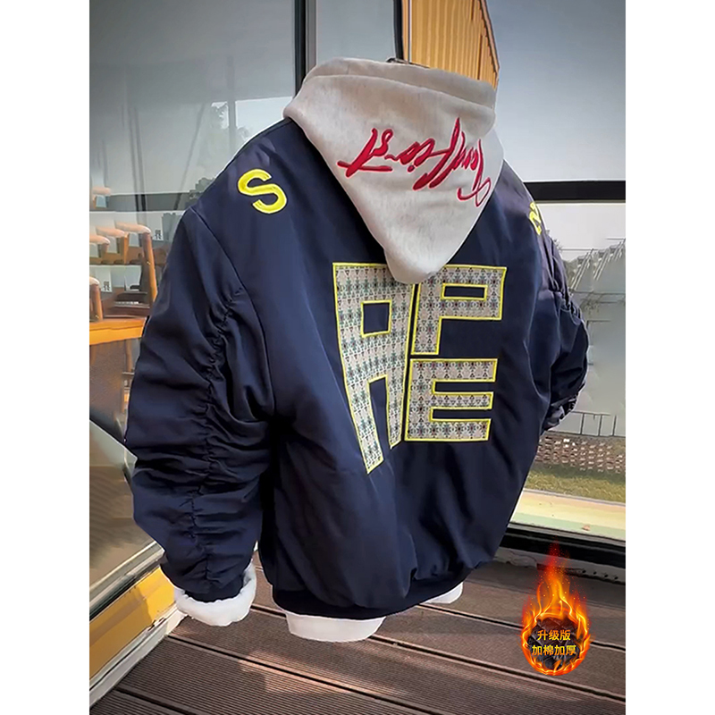 藏青色美式刺绣夹棉棒球服男秋冬季宽松飞行夹克潮牌加厚保暖棉衣