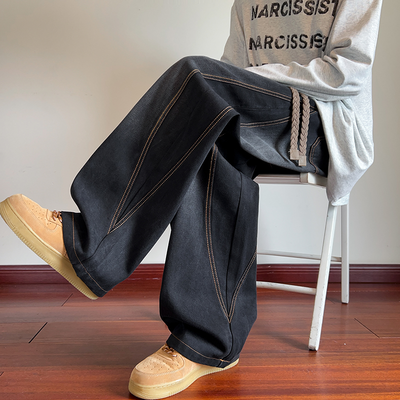 美式高街弯刀牛仔裤男士秋冬季新款潮牌vibe宽松加绒阔腿休闲长裤