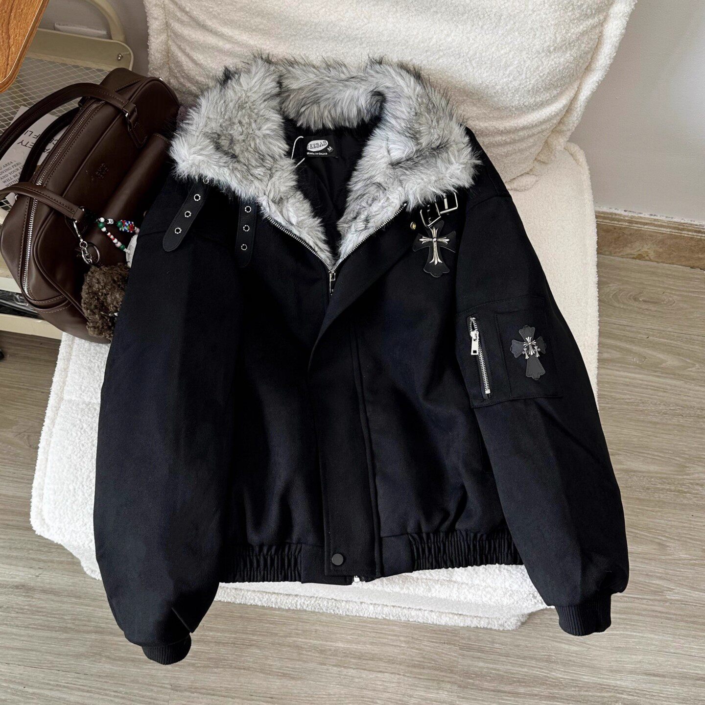 黑色毛领座山雕棉服外套男款冬季十字架加绒加厚保暖情侣夹克棉衣