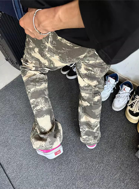 美式vibe高街风迷彩牛仔裤男潮牌水洗微喇直筒裤修身显瘦休闲长裤