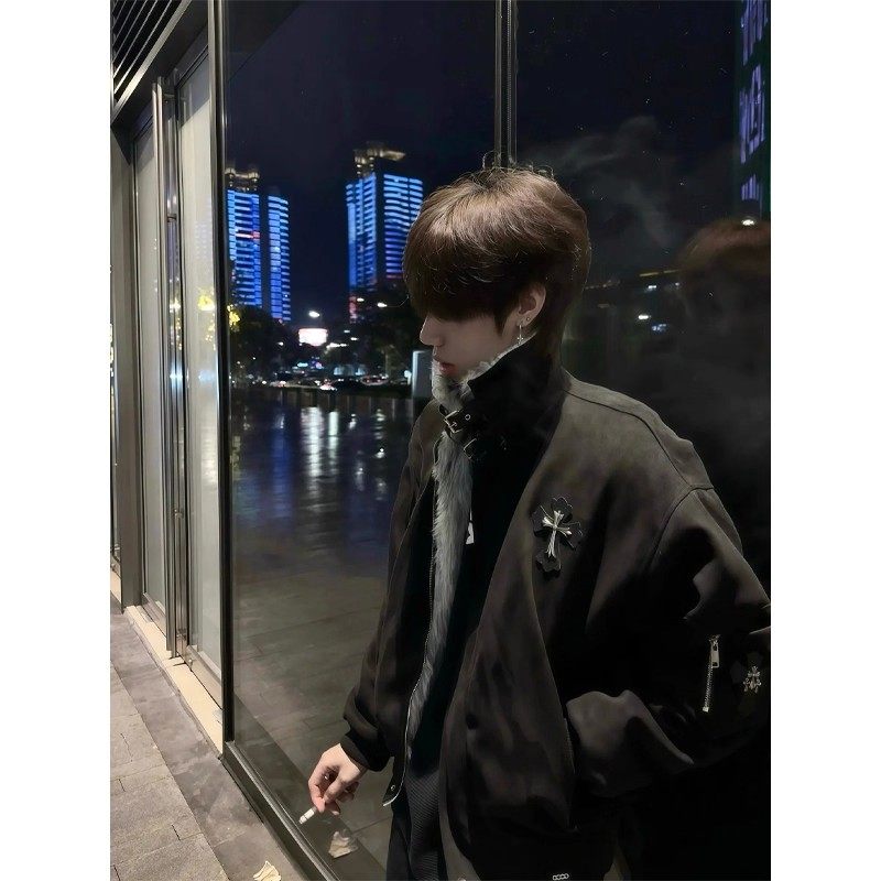 黑色毛领座山雕棉服外套男款冬季十字架加绒加厚保暖情侣夹克棉衣