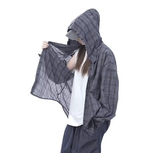 冰丝速干连帽防晒衣男女夏季慵懒风长袖格子衬衫宽松情侣薄款外套