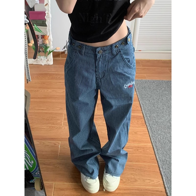 美式复古竖条纹牛仔裤男女慵懒风刺绣宽松阔腿裤百搭休闲直筒长裤