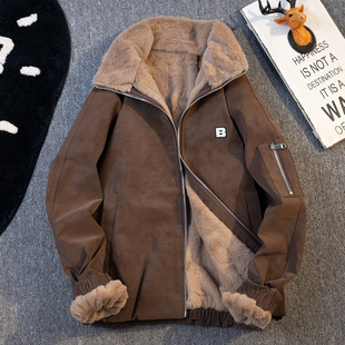 美式棕色仿兔毛绒翻领加厚棉衣外套男款冬季潮牌宽松保暖pu皮棉服