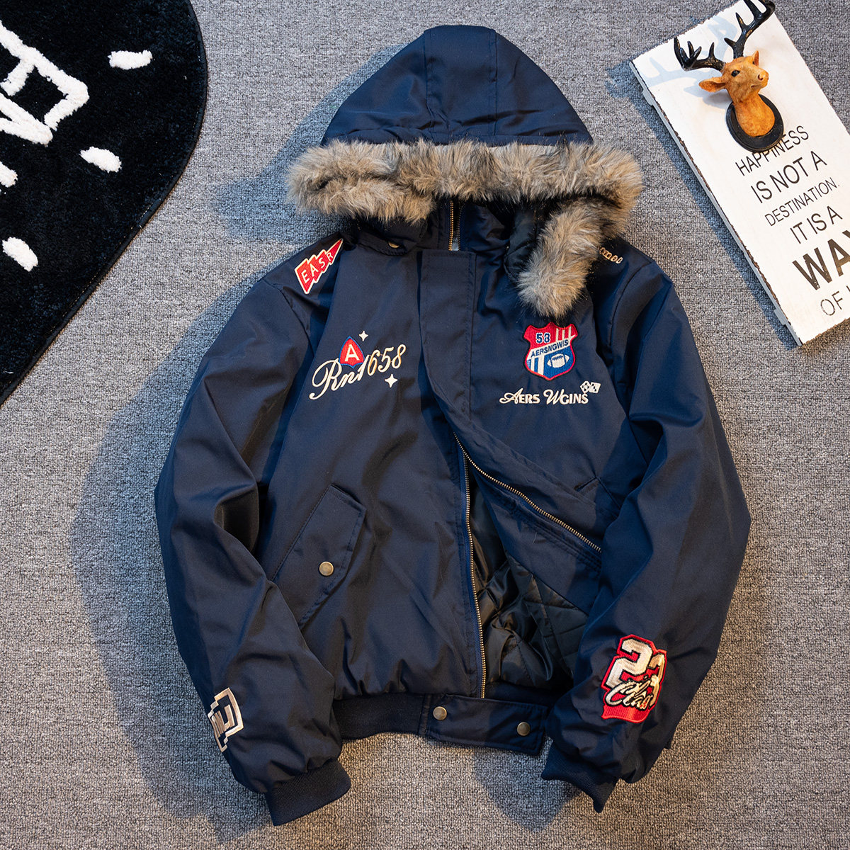 美式复古刺绣徽章座山雕棉衣外套男冬季拆卸连帽小众加厚保暖夹克