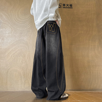 潮牌美式弯刀牛仔裤男士秋冬季大码加绒加厚宽松显瘦阔腿休闲裤子