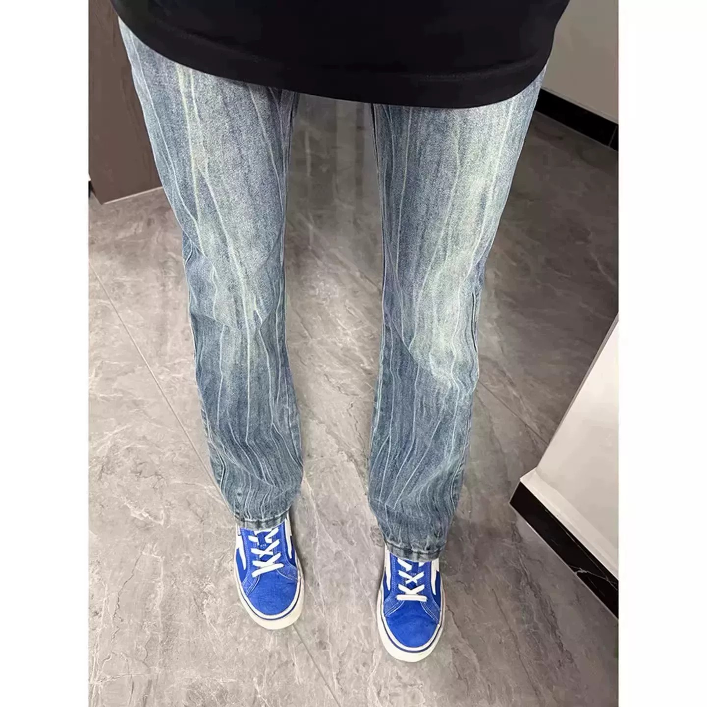 深蓝色闪电纹牛仔裤男款夏季新款高街vibe裤子显瘦修身直筒微喇裤