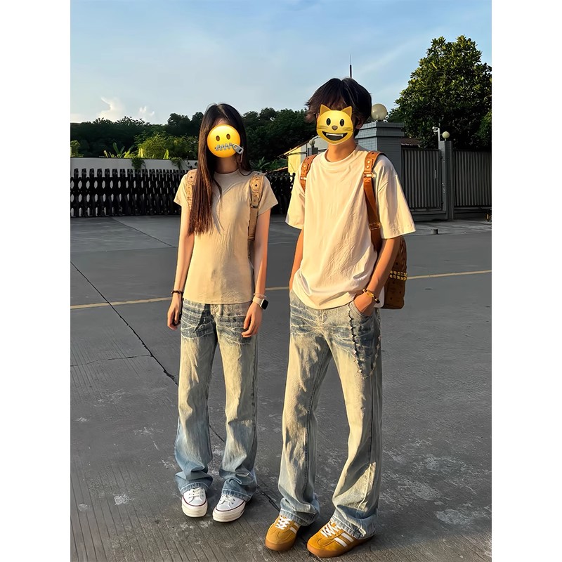 浅蓝色闪电纹牛仔裤男款夏季新款微喇裤子美式高街情侣宽松直筒裤