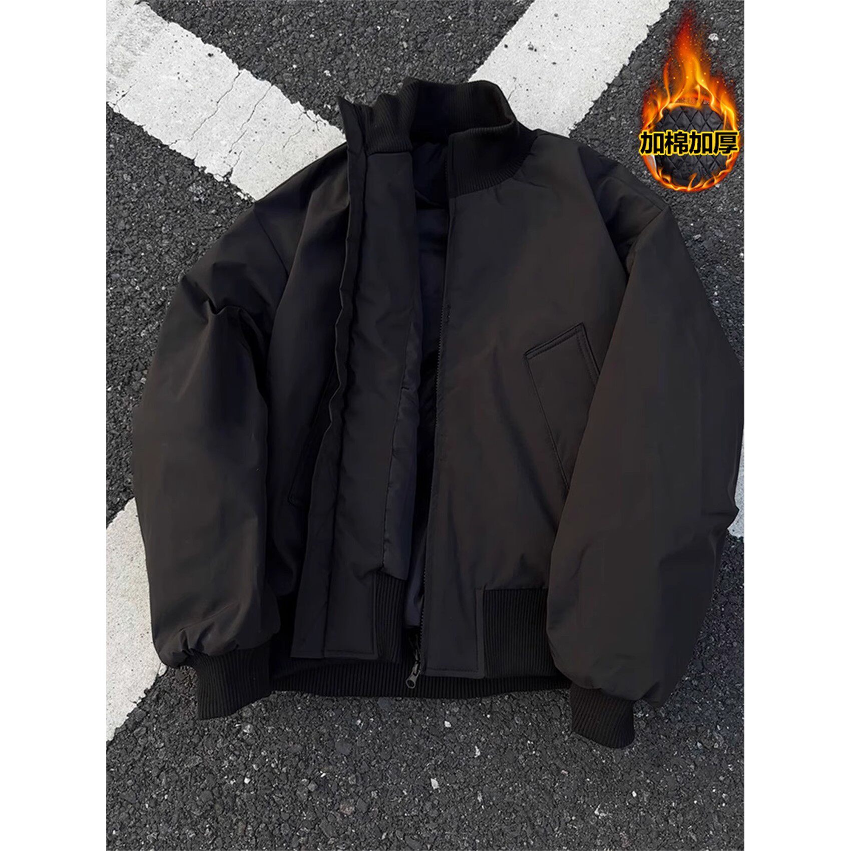 cleanfit黑色短款飞行夹克棉服男款冬季新款加厚加棉棉衣保暖外套