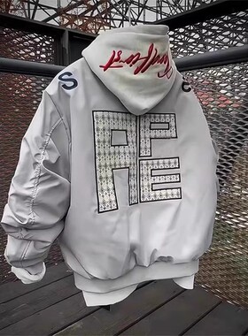 美式复古立领飞行夹克男女春秋季新款潮牌宽松刺绣灰色棒球服外套