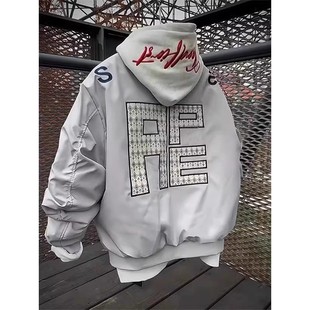 美式复古立领飞行夹克男女秋冬季新款潮牌宽松刺绣灰色棒球服外套