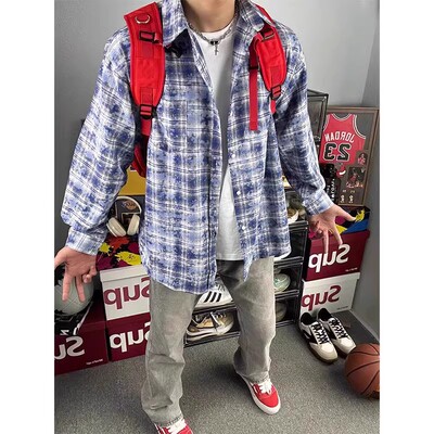 美式复古扎染格子衬衫男夏季高级感痞帅休闲外套宽松百搭长袖衬衣