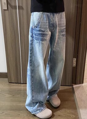 闪电纹水洗浅蓝色牛仔裤男款春夏季美式潮流休闲百搭宽松直筒长裤