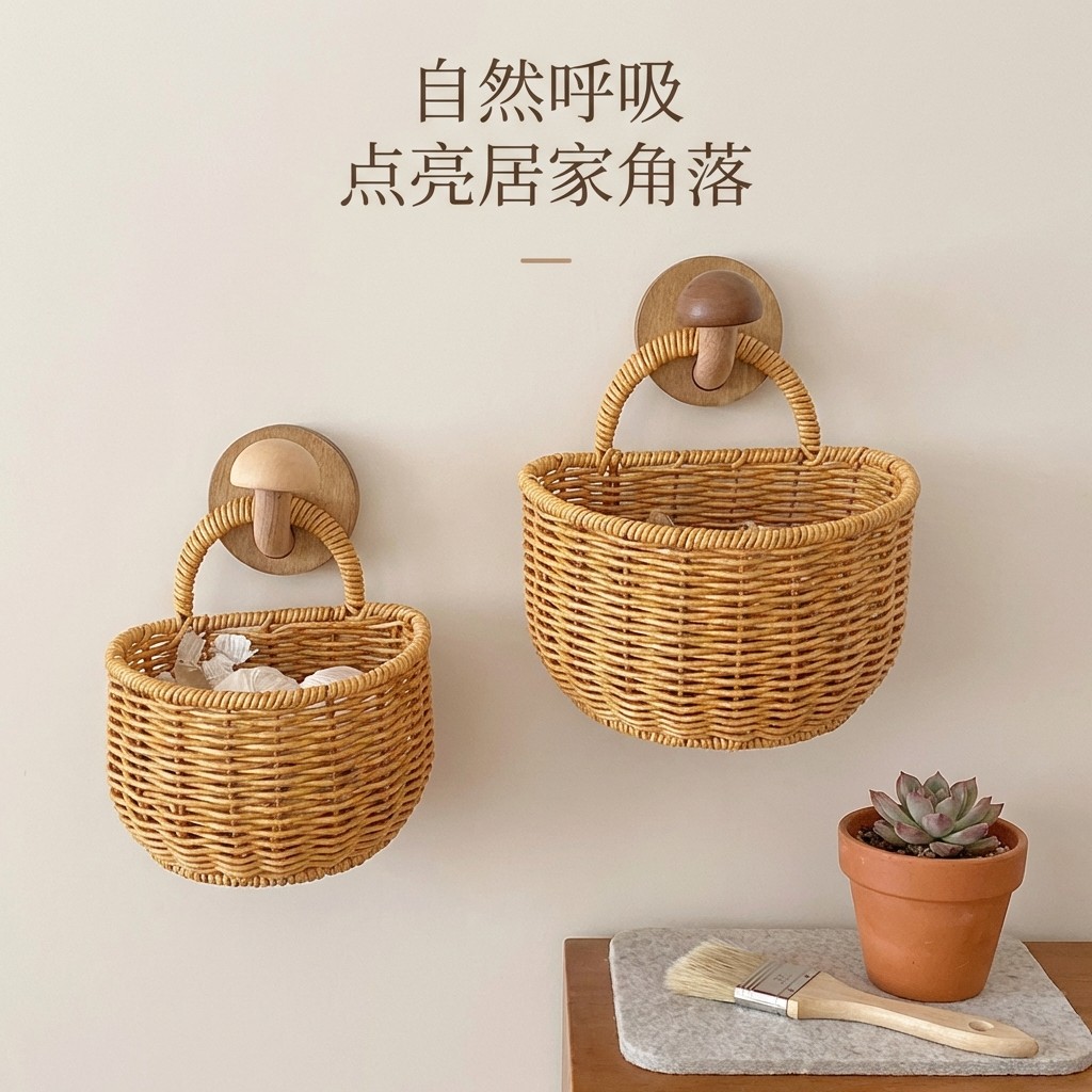 厨房壁挂仿藤编织收纳篮