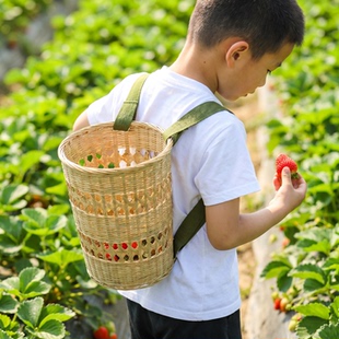 儿童竹编背篓手工编织小背筐幼儿园采摘道具天然双肩竹制收纳筐