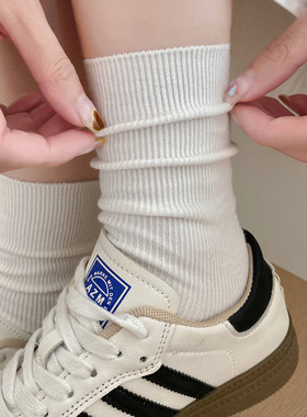 堆堆袜子女黑色春夏季透气纯棉薄款中筒袜德训鞋长袜配小皮鞋白色