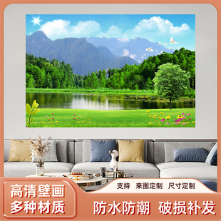 湖泊山水蓝天白云草地树林客厅沙发背景墙青山绿水自粘海报装饰画
