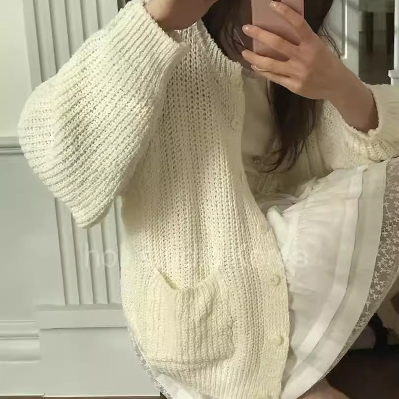 现~韩国代购东大门代购 venir 新款长袖棉麻针织开衫简约百搭