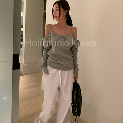 韩国代购东大门代购 poster 新款条纹针织露肩吊带上衣毛衣弹力