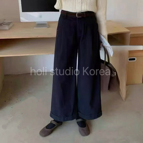 现～sale 249韩国东大门代购冬季新款加绒捏褶翻边直筒裤时尚百搭