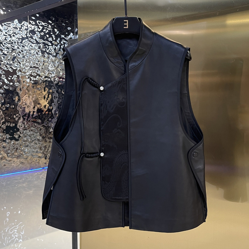 中国风盘扣真皮马甲马夹背心