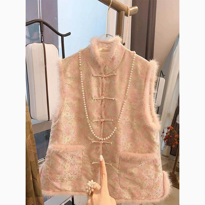 2025秋季新款新中式复古洋气高级感轻国风盘扣毛边旗袍马甲外套女,女装/女士精品,马夹,淘宝优惠券,粉丝福利购,淘宝优惠卷