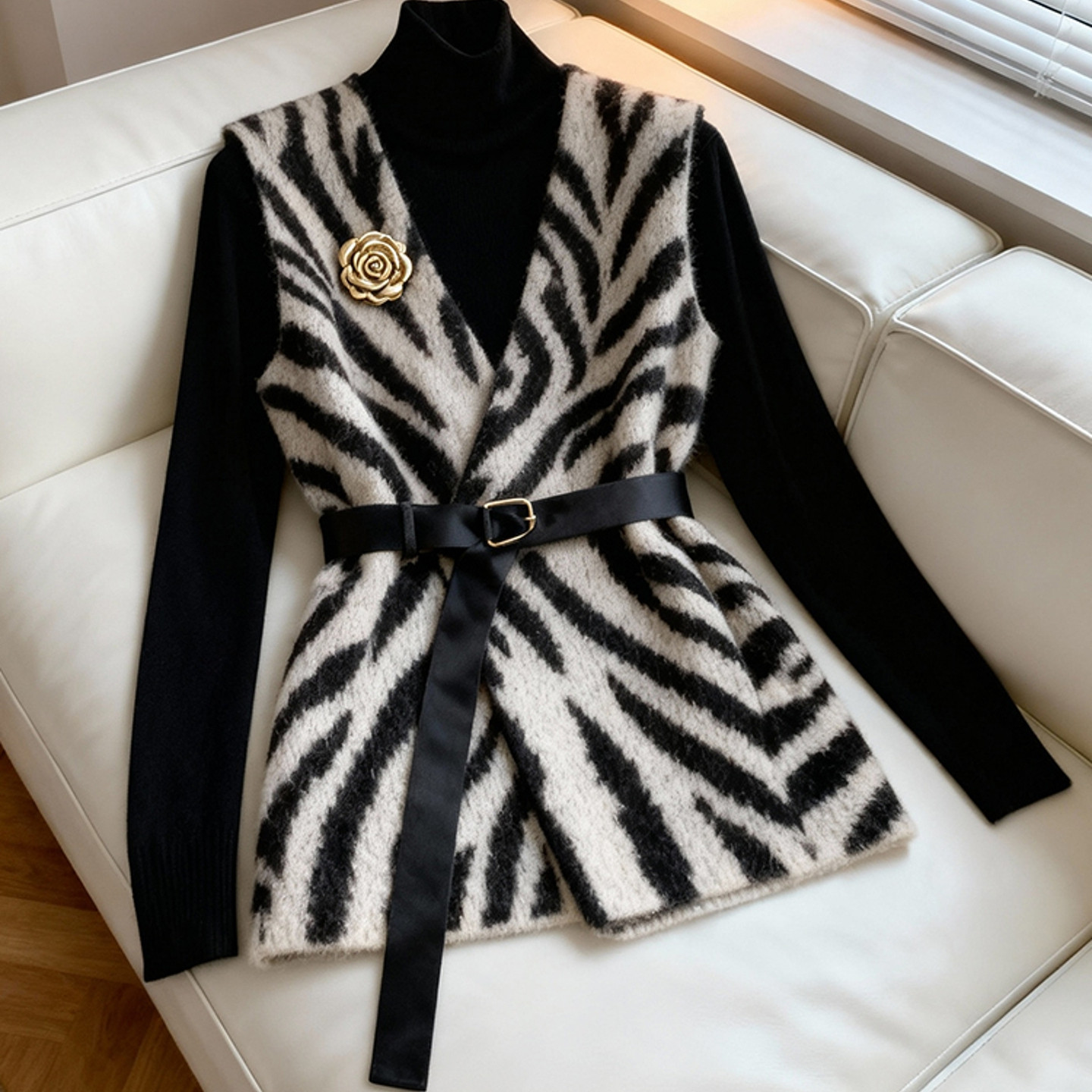 斑马纹针织马甲女冬高级感时髦洋气叠穿巨好看气质小香风收腰外套,女装/女士精品,大码内搭,淘宝优惠券,粉丝福利购,淘宝优惠卷