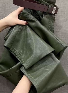 小个子高腰显瘦垂感裤子百搭宽松慵懒风别致绿色直筒阔腿皮裤女冬