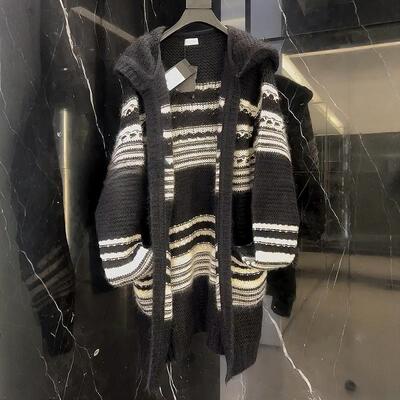 欧货2025新款高级感慵懒风复古撞色条纹中长款针织毛衣开衫外套女